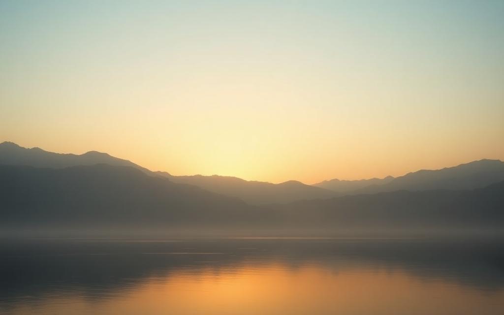 Misty mountain lake at sunrise